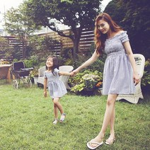 (오늘GO) 핫템퀸 스모크 스트라이프 오프숄더 미니 원피스 모녀커플룩 엄마랑커플원피스