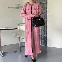 쪼꼬마미 라운드 칼라 주름 플리츠 여성 여자 니트 롱 원피스