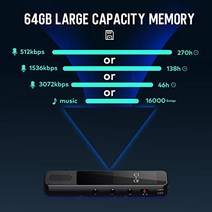 64GB 디지털 보이스 레코더 MP3 플레이어가 포함된 COCONISE 3072kbps 미니 레코더 HD 음질 지능형 소음 제거 강의용 음성 제어 녹음 기능이 있는 보이스 레코더-25508, 검은색