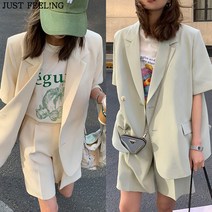JUST FEEL!NG 여름 빅사이즈 4XL까지 반팔 정장 자켓 반바지 투피스 루즈핏 세미 정장 오피스룩 세트