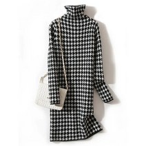 미디 원피스 니트 롱 원피스 큰 size 가을과 겨울 houndstooth 캐주얼 두꺼운 따뜻한 높은 목 니트 바닥 최