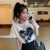 퐁순싸롱 하트 페이즐리 패턴 프린팅 자수 반팔 티셔츠 SY