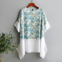 여성용 여름 반팔 코튼 패널 시폰 꽃무늬 티셔츠 썬 셔츠