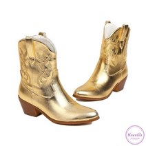 웨스턴 가죽 부츠 블링 블링 샤이니 인조가죽 자수 앵클 통굽 청키힐 미들 BOOTS