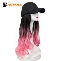모자가발 부분가발 합성 long wavy hair with baseball cap womens wigs hat wig hair extension sun hat with hair, 노란색