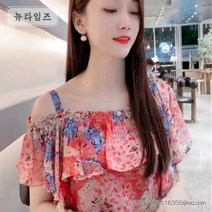 여성 프릴블라우스 반팔 루즈핏 꽃무늬 붉은 그물 꽃 슬링 쉬폰 쇄골 셔츠 감각 단어 잎 끈