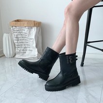 미미코코 / 더블 벨티드 버클 장식 앵클 부츠 디커 미들 통굽 4cm