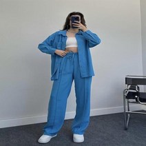 드라이슈트 웻슈트 단색 긴팔 턴다운 칼라 하이웨이스트 와이드 레그 캐주얼 바지 여성 2 종 2023 가을, 11.파란 - S