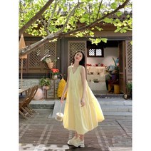 퍼프원피스 여름 브이넥 민소매 린 레이스 바캉스 휴양지룩 나시 롱 스커트