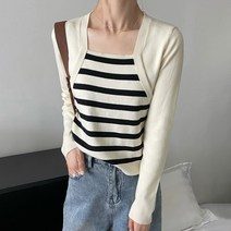 패스타임 여성 봄가을 스퀘어넥 슬림핏 날씬해보이는 니트 스트라이프 긴팔 이너티셔츠