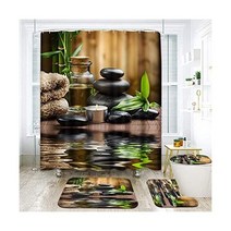 ArtSocket 4피스 샤워 커튼 세트 스톤 스파 오일 우드 마사지 릴랙스 캔들 아유르베다 워터 대나무 그린 미끄럼 방지 러그 화장실 뚜껑 커버 및 욕실 매트 장식 182 9cm