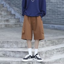 일본 복고풍 갈색 면 바지 반바지 남성 2022 여름 느슨한 대형 캐주얼 5 점 바지