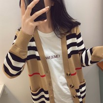 핫핑크가디건 셔츠가디건 여성용 스웨터 재킷 카디건 중장형 니트 V넥 루즈한 스트라이프 얇은 트렌치코트