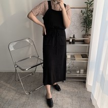 오오엘 여성 뷔스티에 허리끈 양포켓 니트 오버롤 원피스