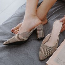 짝꿍닷컴 단화 스틸레토 패턴 체크무늬 통굽 펌프스힐 여성로퍼 캐주얼신발 뮬