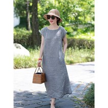 체크 여름 린넨 여성용 민소매 롱원피스 오버핏 라운드넥 조끼 드레스 치마 문예