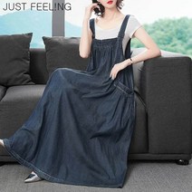 JUST FEEL!NG 여름 여성 박시핏 롱 데님 멜빵치마 원피스 케쥬얼 심플 민소매 원피스 빅사이즈