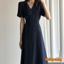 [HEIPANG] 여성 브이넥 슬림 반팔 롱 원피스