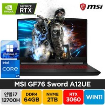 MSI Sword GF76 A12UE 12세대 i7-12700H RTX3060 17인치 윈도우11 배그 주식 고성능 노트북, 블랙, 코어i7, 2TB, 64GB, WIN11 Pro
