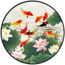 연꽃과 비단잉어 9마리 구어도 연못 풍경 보석십자수 원형 비즈 전체수 실내 취미, 40x40cm