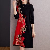 40대 50대 원피스 단정한 캐주얼 정장 오피스룩 외출용 출근 중년 니트 드레스 여성 유럽 가을 겨울 대형 패션 복고풍 대비 색상 느슨한 자카드 대형 드레스