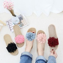 노리스 왕골 라탄 마 슬리퍼 여름 여성 코사지 실내화