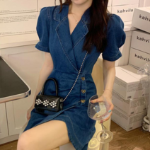 보드미 단정한원피스 카라 청원피스 가로 주름 어깨 셔링 데님원피스 반팔