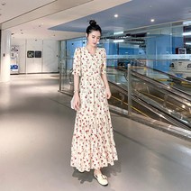 위위브렌 여성용 반팔 쉬폰 잔꽃무늬 브이넥 롱 원피스