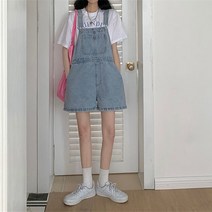 리아리아 여성 데님 멜빵 여름 와이드 통바지 하이웨이스트 멜빵 청 반바지