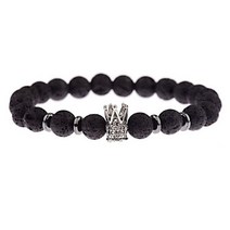 Mens Charms King Crown Beaded Bracelet 옴므 핸드메이드 화이트 블랙 천연 오닉스 라바 스톤 팔찌 뱅글 완장 킹 크라운 비즈 가성비 좋은 175026, AB249-H1