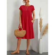 여성용 단색 반팔 O넥 빈티지 코튼 린넨 원피스