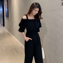 오프숄더점프슈트와이드밴딩팬츠 어깨끈 프릴 팬츠 밴딩 오프숄더 여자조거 치마 반 와이드 1W87BF76