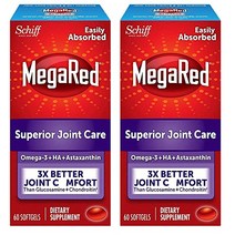 Megared 메가레드 오메가3 크릴 오일과 조인트 케어 60 캡슐 EPADHA 지방산 제 히알루론산 생선기름과 같은 비린내 나는 트림 뒷맛 없음, 2-Pack (120 Count)