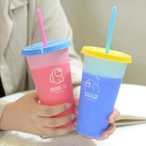 어몽어스 컬러체인징 리유저블컵 재사용 빨대 텀블러 2개 알록달록 음료를 넣으면 예쁜 색으로 변하는 컵, 어몽어스 색이 변하는 컵 2개