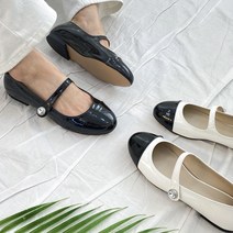투톤 메리제인 큐빅 보석 스트랩 에나멜 단화 플랫슈즈 블랙 화이트 1cm