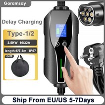 전기차충전기 EV 휴대용 충전기 EU 타입 1 2 16 32A 제어 가능한 시간 전기 자동차 EVSE 컨트롤러 월박스 지연 충전, 16A Type2 7.5M EU