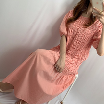 셀리온 여성 셔링 원피스 주름 퍼프 여자 롱원피스 바캉스룩 임부복 벌룬 플리츠