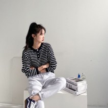 [바보사랑] 여자 단가라 줄무늬 스트라이프 니트 루즈핏 티셔츠[옷자락]