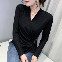 넷투넷코리아 여성 긴팔 티셔츠 브이넥 랩 슬림핏 셔링 포인트 숏