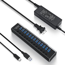 전원 USB 허브 Rosonway 알루미늄 13 포트 3.1 최대 10Gbps 72W (12V6A) 어댑터 개별 스위치 타입 A C 케이블 PC 노트북용 확장기 (RSHA13), Black_13 Ports USB 3.1 hub