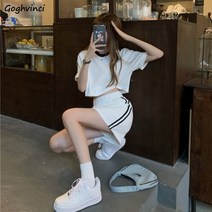크롭 투피스 자켓 세트 여성 탑 반팔 티셔츠 미니 a 라인 스트라이프 스커트 스웨트