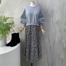 모던 도트 밑단 티어드 배색 루즈핏 기모 원피스