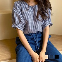메이비누스 여름 반팔 지지미 고방 체크 블라우스 라운드넥 퍼프