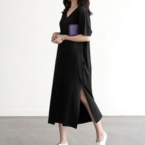 [최저가]주머니 와이드 옆트임 브이넥 반팔 롱 원피스 3color