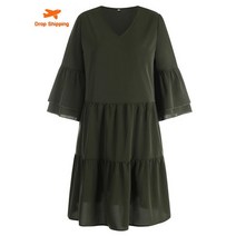 키작은 여성 봄 원피스 느슨한 단색 기질 v 넥 반팔 드레스 여성용 짧은 탑 봄 여름 2023 우아한