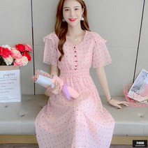 가바바 여성 원피스 귀요미 도트패턴 허리 밴딩 쉬폰 여름 롱원피스 G49471