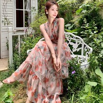 여름 비치 보헤미안 원피스 목걸이 플라워 롱스커트 등판 -99566