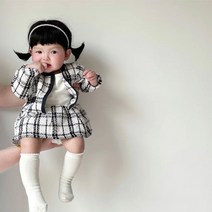 [당일발송] 신생아 아기 여아 베이비 옷 트위드 자켓 체크 바디 슈트 외출복 긴팔 원피스