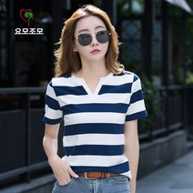 요모조모 YJS 379 여성 면 브이넥 루즈핏 스트라이프 반팔 티셔츠