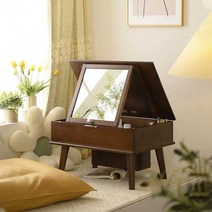 좌식 미니 화장대 원목 메이크업 테이블 덮개식 거울, 라운드 댄스 화장대 단단한 나무 색상